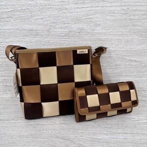 Comely Brown Tan Woven Ribbon Checkerboard Crossbody Bag and Wallet Set NEW